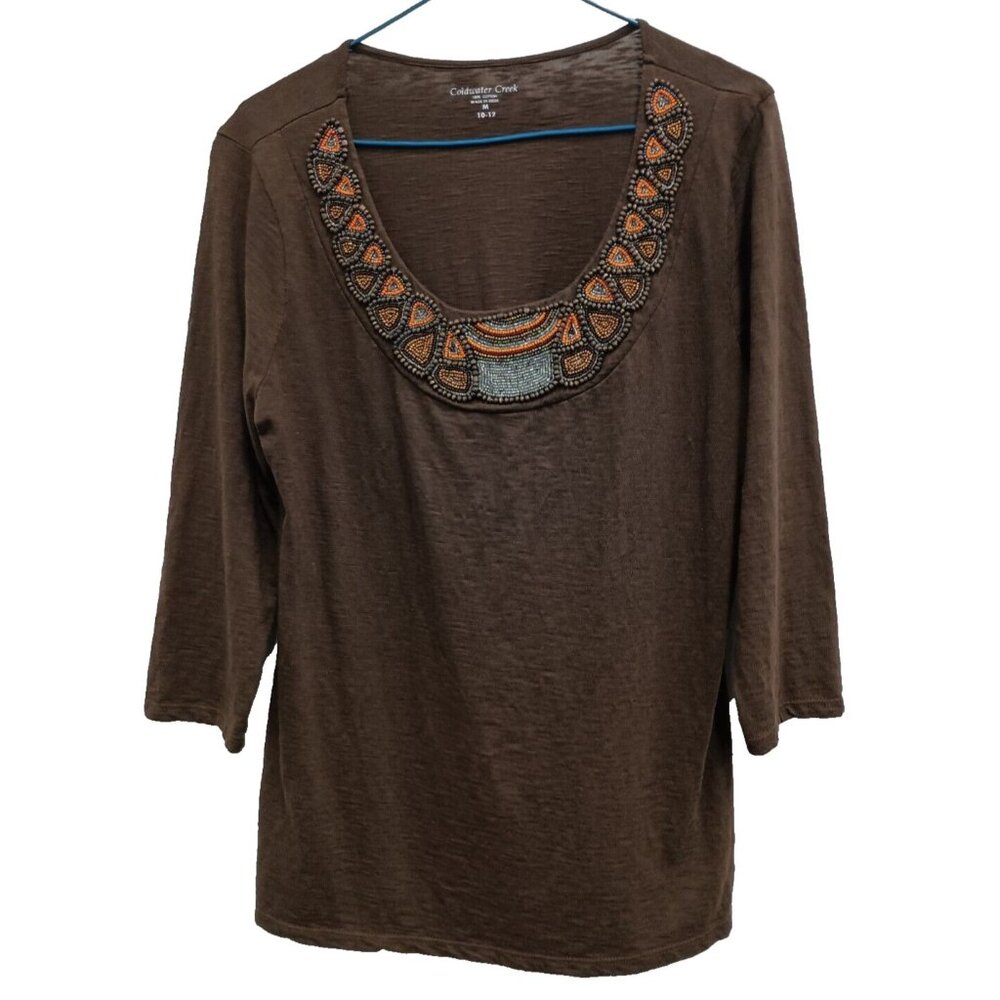 Coldwater Creek Top Womens Medium Brown Beaded Neck 3/4 Sleeve Casual